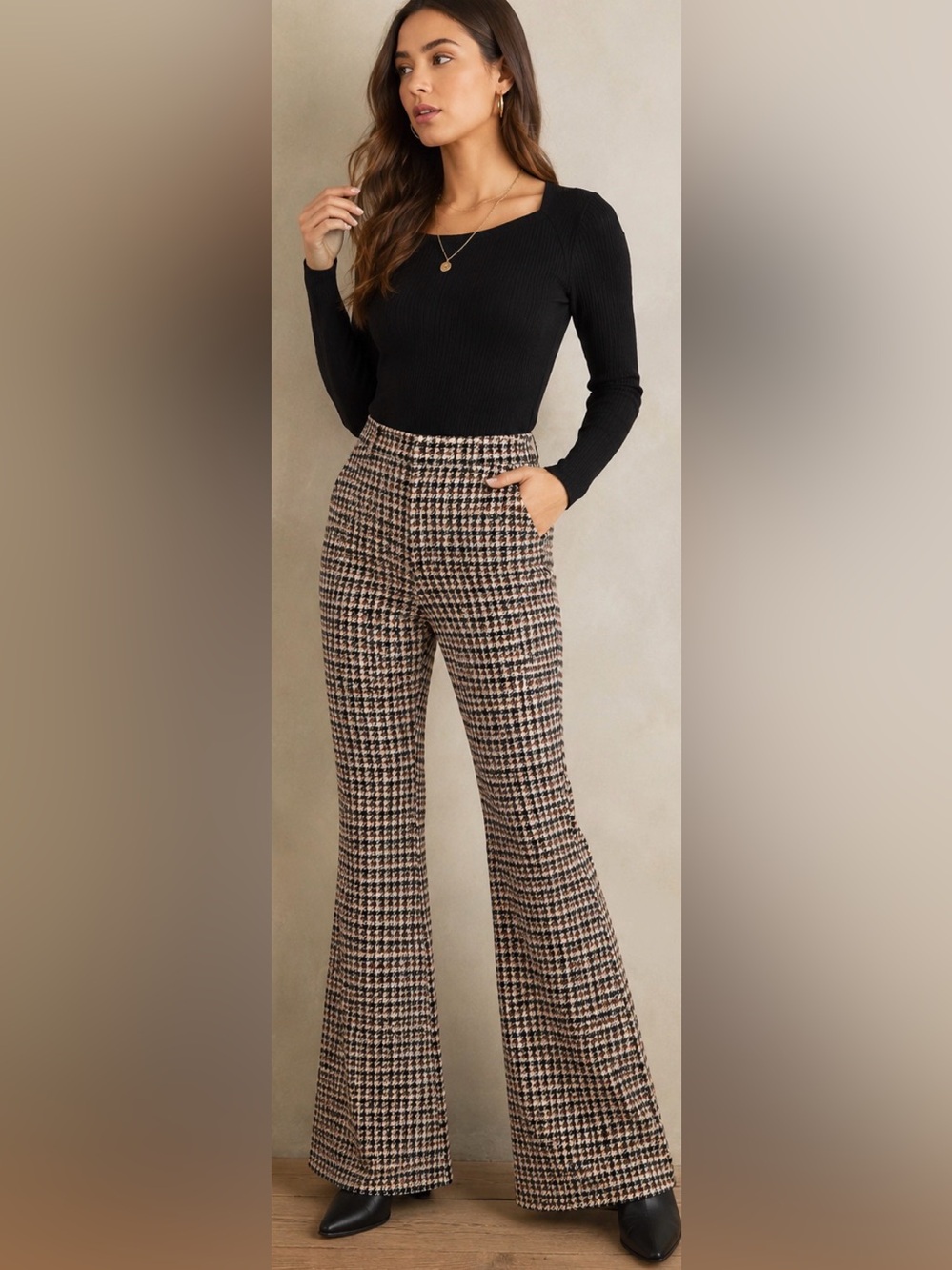 Anthropologie Houndstooth Flare Pants – Size SP (Small Petite). Belted